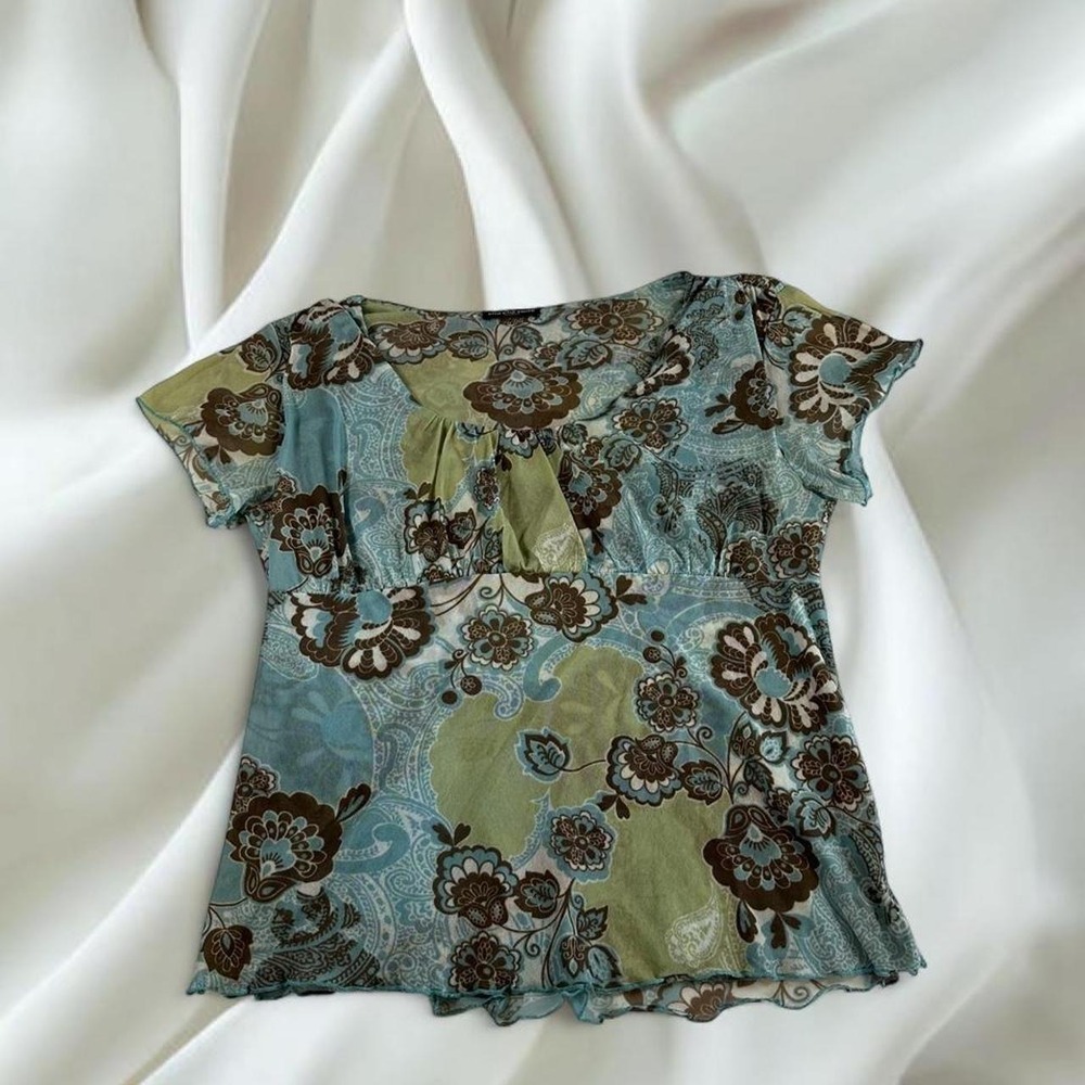 Cha Cha Vente teal brown floral babydoll top y2k vintage mcbling fairy